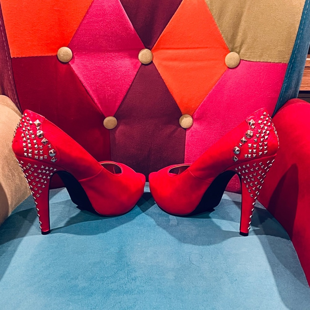 Red Silver Spike Heels Size 8